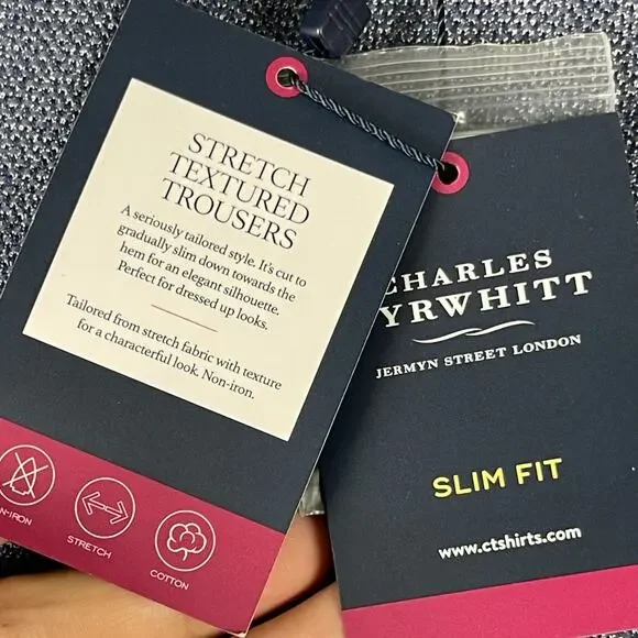 Charles Tyrwhitt Pants Mens 38x34 Blue Stretch Textured Trouser Slim Fit NEW - Picture 5 of 16